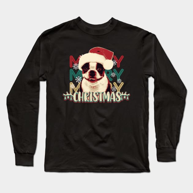 Cute Boston Terrier Merry Christmas Long Sleeve T-Shirt by mia_me